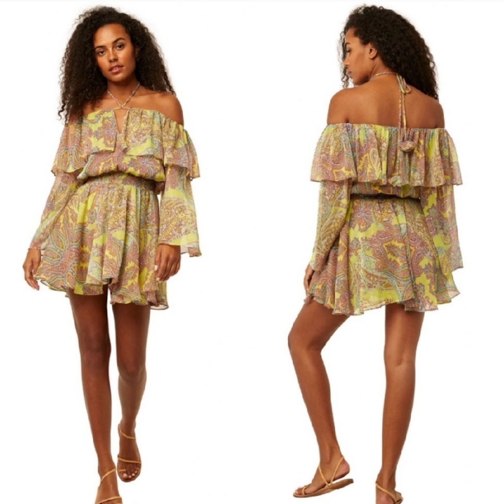 Misa Los Angeles Yellow Paisley Off-Shoulder Mini Dress